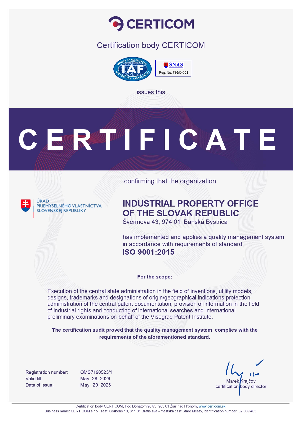 Certificate of a Quality Management System ISO 9001:2000